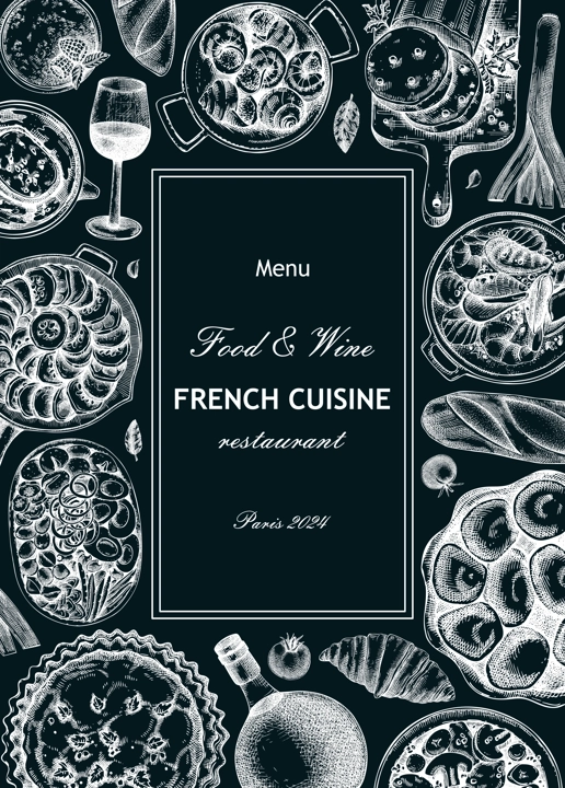 French food frame design on chalkboard. Vintage food and wine sketches. European restaurant menu template. France background. Hand-drawn vector illustration, NOT AI generated